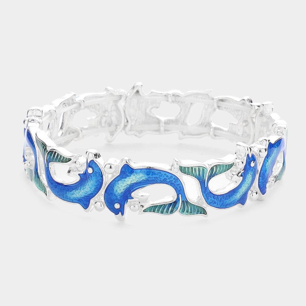 Blue Enamel Antique Metal Dolphin Stretch Bracelet - Jewelry Store by Erik Rayo