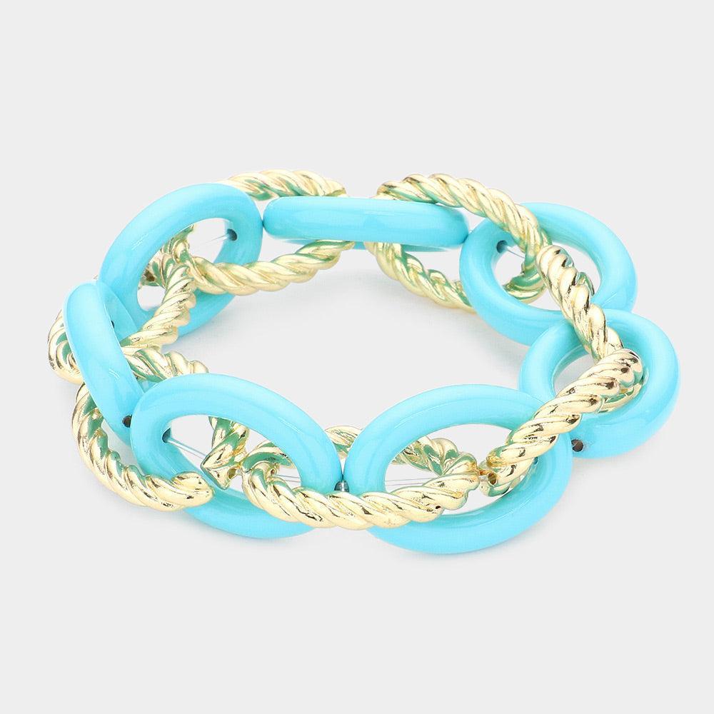 Turquoise Twisted Open Metal Resin Oval Link Stretch Bracelet - Jewelry Store by Erik Rayo