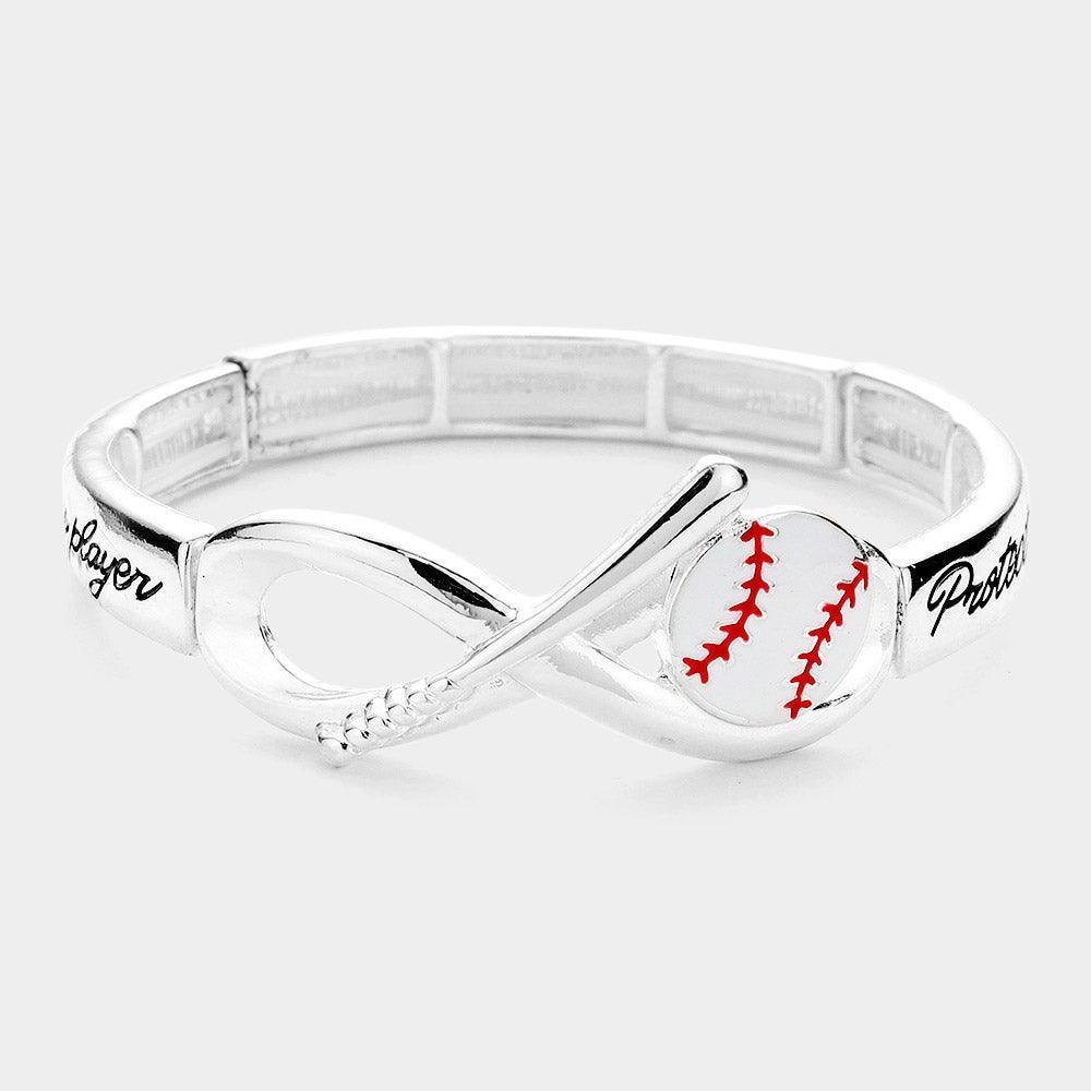 Silver Protect This Player Message Baseball Sport Theme Stretch Bracelet - Jewelry Store by Erik Rayo