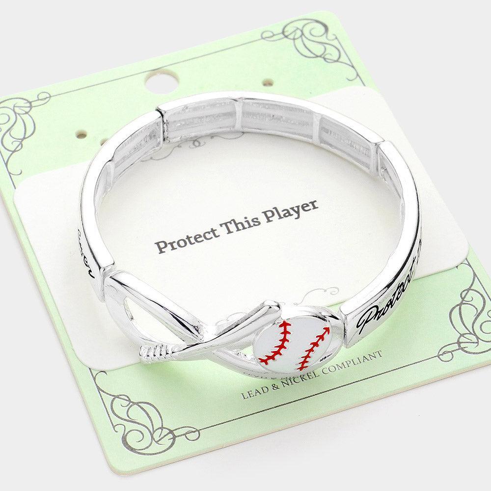 Silver Protect This Player Message Baseball Sport Theme Stretch Bracelet - Jewelry Store by Erik Rayo