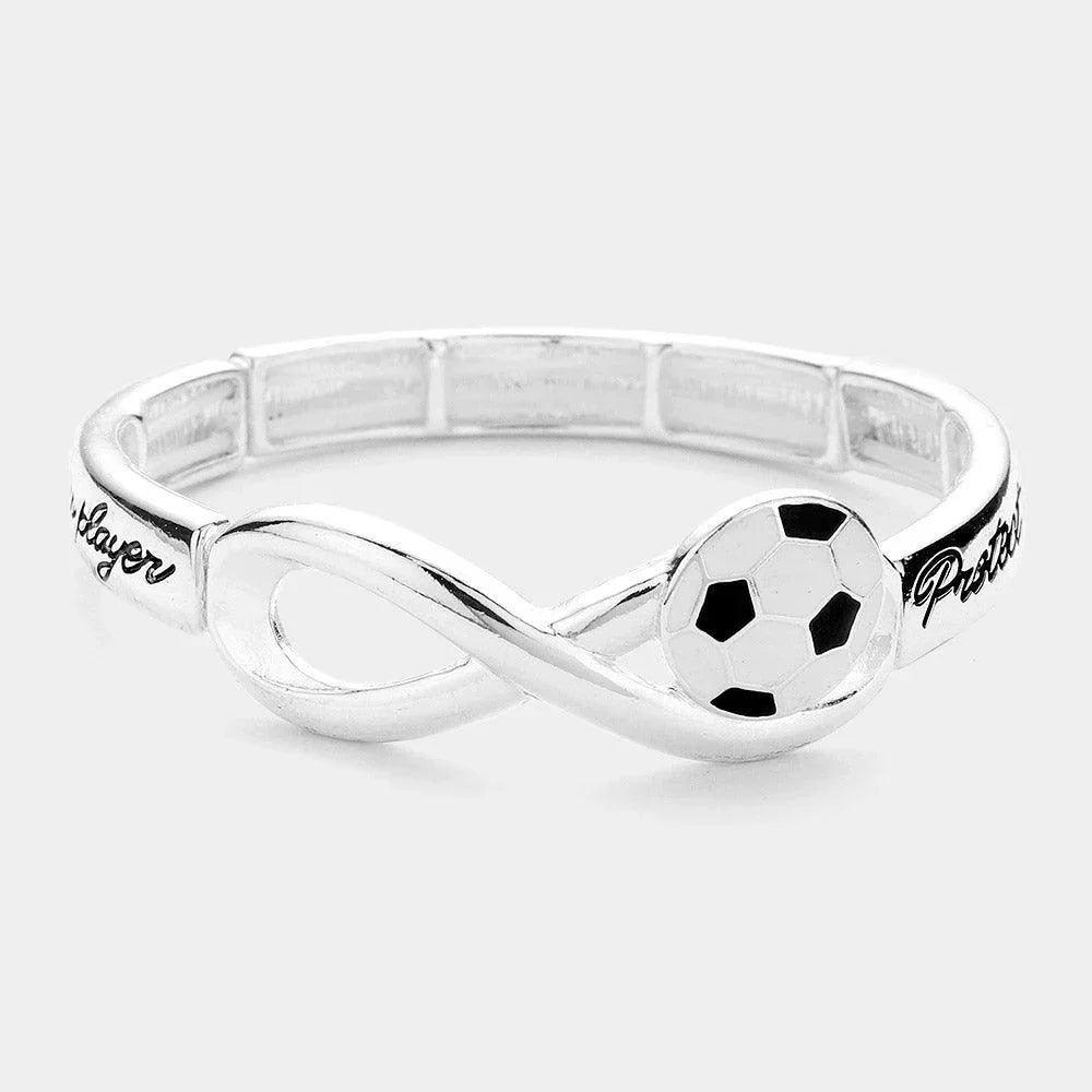 Silver Protect This Player Message Soccer Sport Theme Stretch Bracelet - Jewelry Store by Erik Rayo