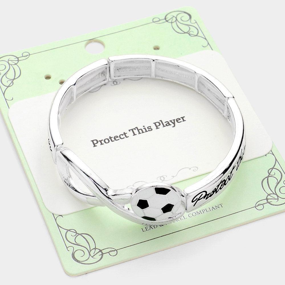 Silver Protect This Player Message Soccer Sport Theme Stretch Bracelet - Jewelry Store by Erik Rayo