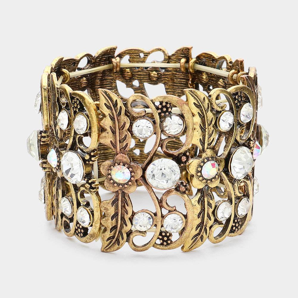 Gold Floral Leaves Stretchable Bangle Bracelet