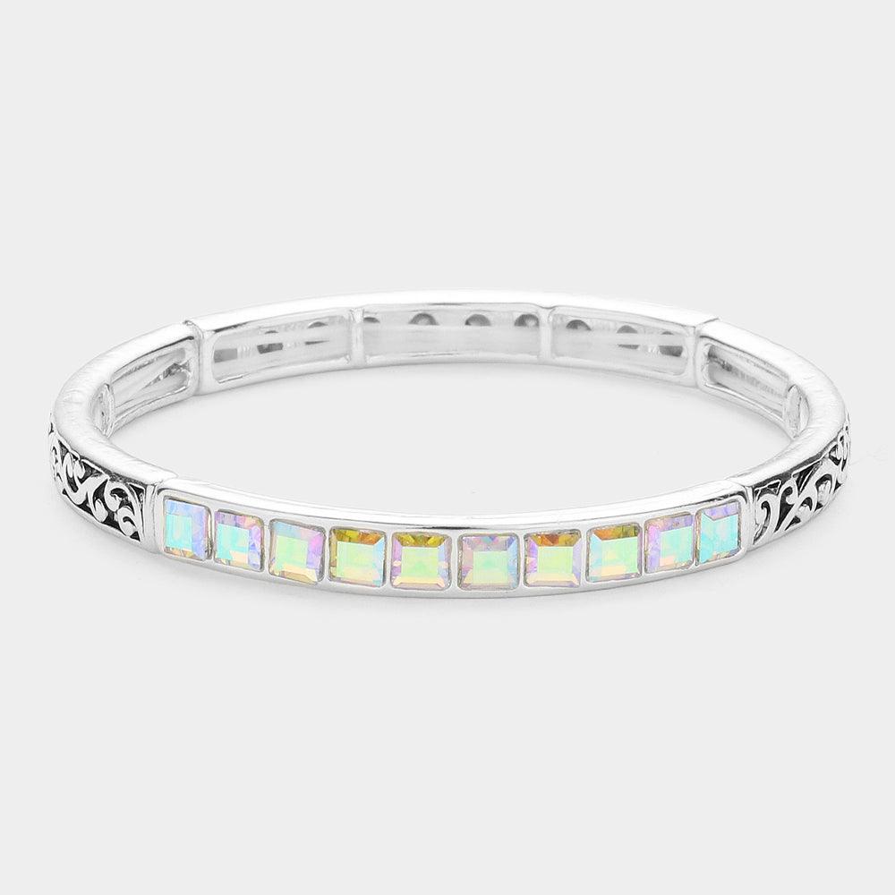 Silver Square Stone Accented Antique Metal Stretch Bracelet
