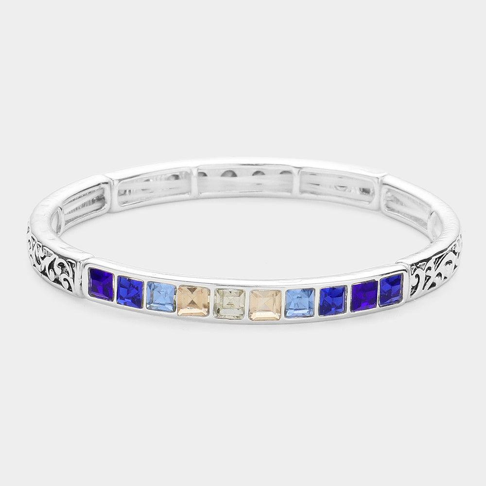 Silver Square Stone Accented Antique Metal Stretch Bracelet
