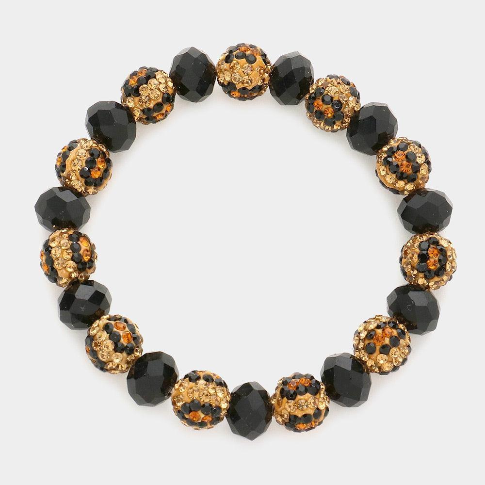 Black Leopard Pattern Shamballa Ball Faceted Bead Stretch Bracelet - Jewelry Store by Erik Rayo