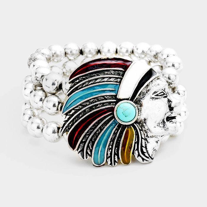 Turquoise Indian Chief Stretch Bracelet - Jewelry Store by Erik Rayo