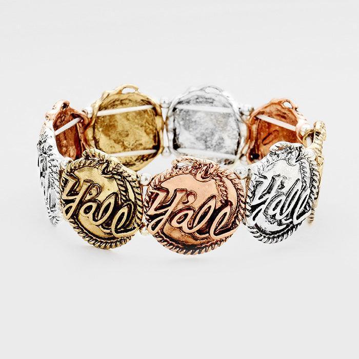 Y'all Rope Trimmed Metal Disc Stretch Bracelet - Jewelry Store by Erik Rayo