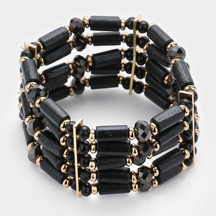 Black Wooden beads & glass beads stretch bracelet - Jewelry Store by Erik Rayo