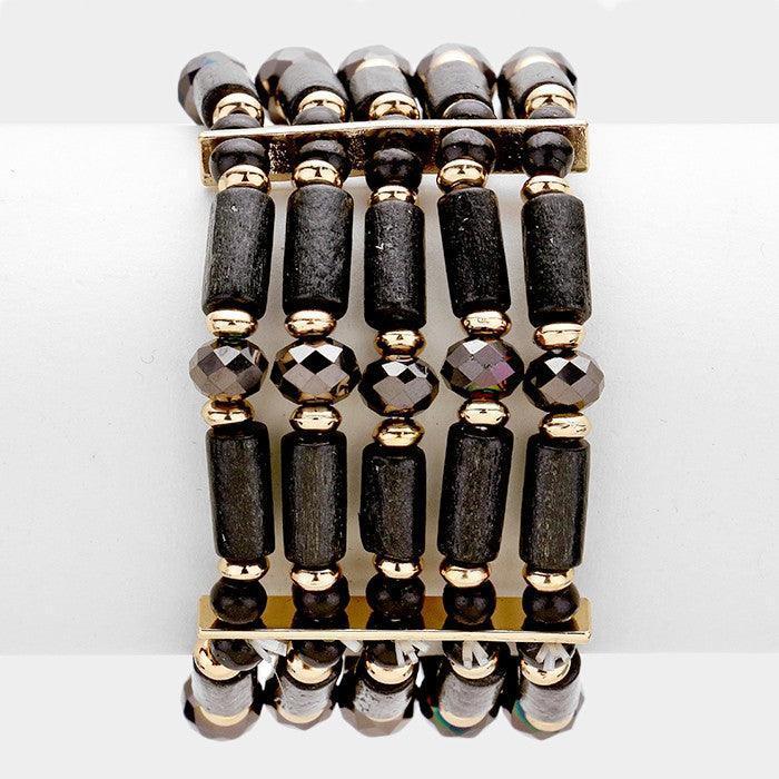 Black Wooden beads & glass beads stretch bracelet - Jewelry Store by Erik Rayo