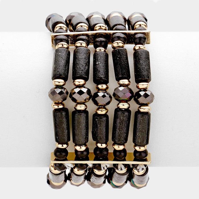 Black Wooden beads & glass beads stretch bracelet