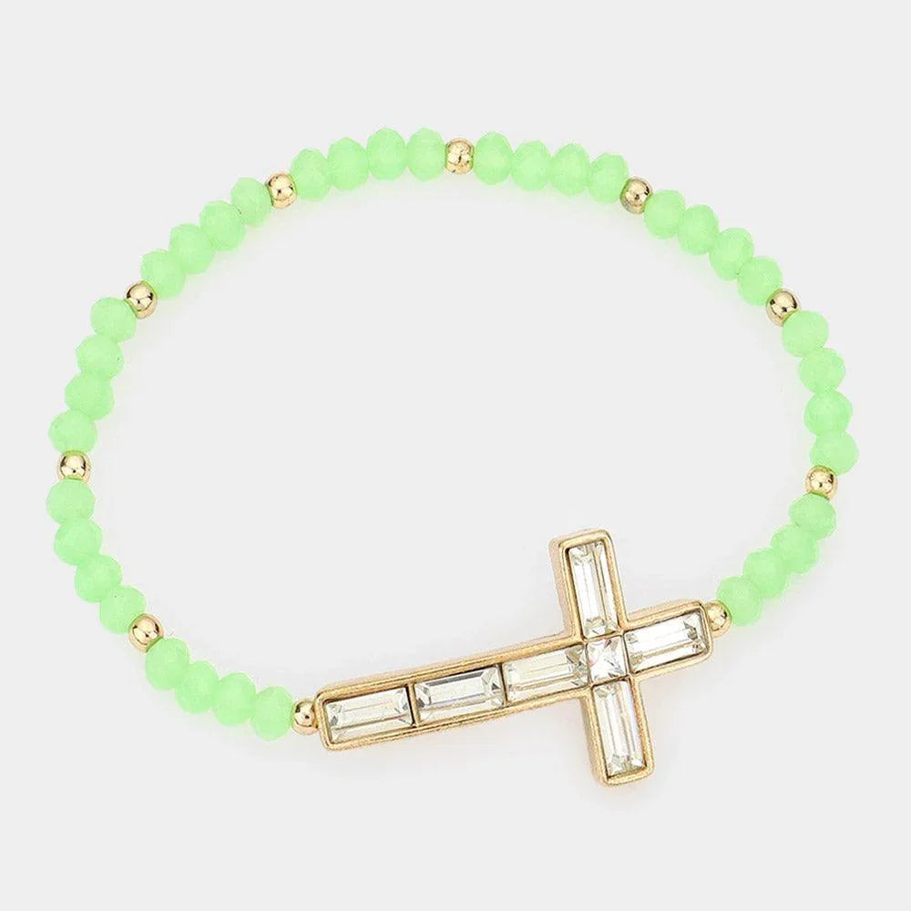 Cross Accented Faceted Beaded Stretch Bracelet - Jewelry Store by Erik Rayo
