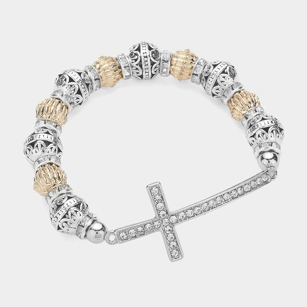 Clear Stone Paved Cross Pointed Pearl Stretch Bracelet