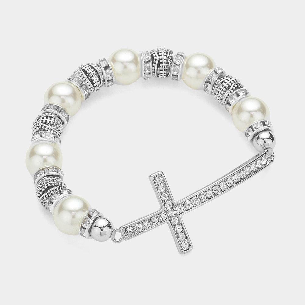 White Stone Paved Cross Pointed Pearl Stretch Bracelet - Jewelry Store by Erik Rayo