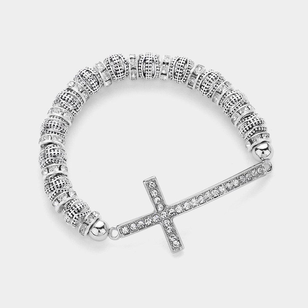 Clear Antique Metal Stone Paved Cross Pendant Pointed Stretch Bracelet - Jewelry Store by Erik Rayo
