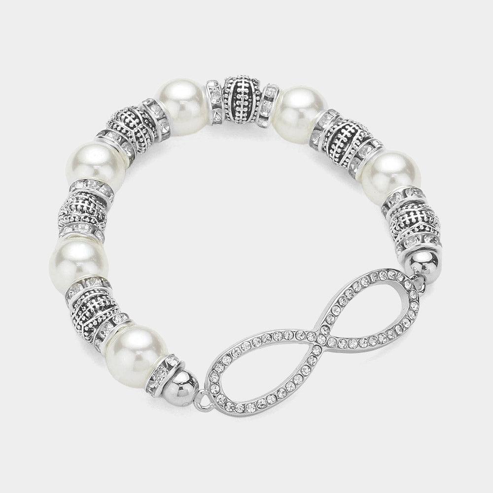 White Stone Paved Infinity Pointed Pearl Stretch Bracelet - Jewelry Store by Erik Rayo