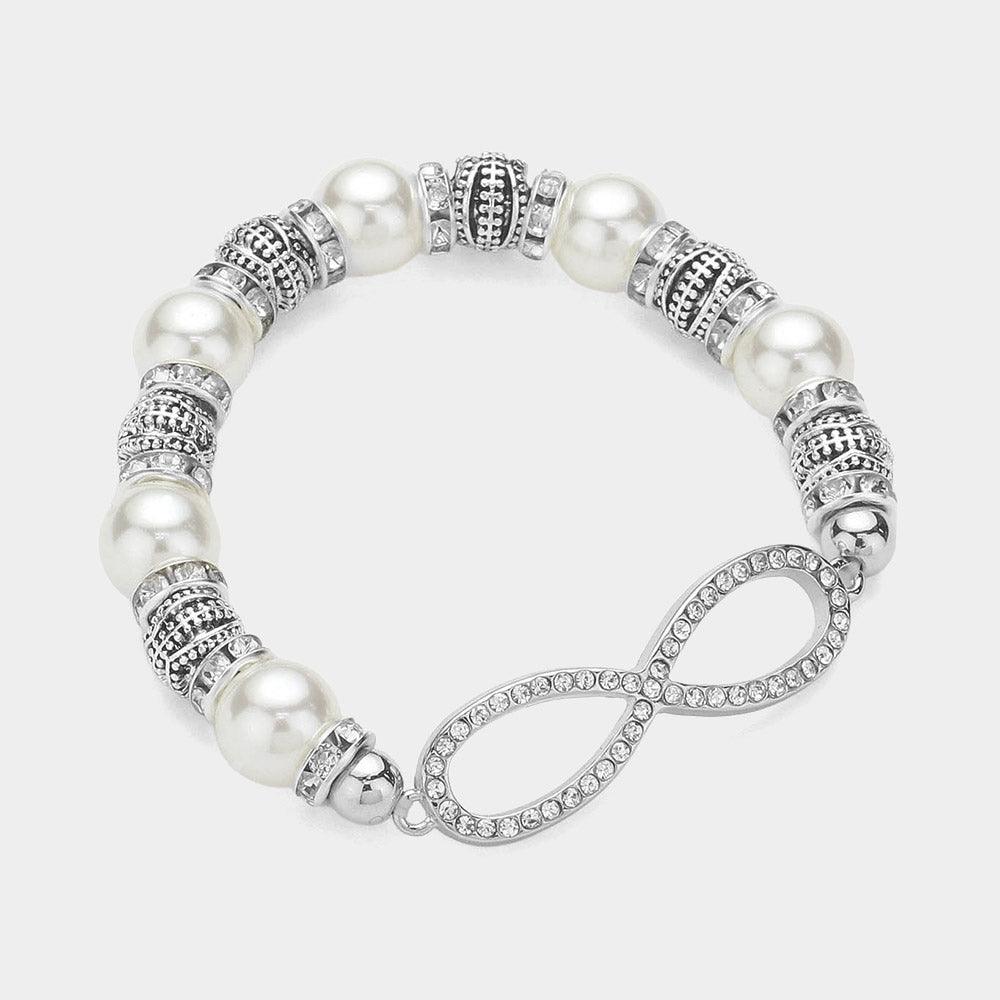 White Stone Paved Infinity Pointed Pearl Stretch Bracelet