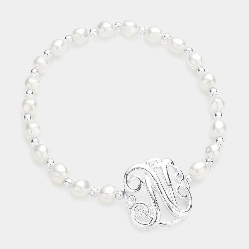 Letter N Monogram Charm Pearl Stretch Bracelet - Jewelry Store by Erik Rayo