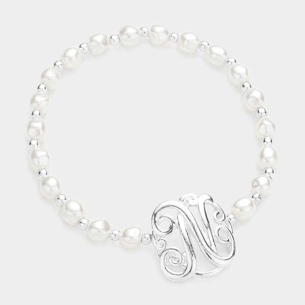 Letter N Monogram Charm Pearl Stretch Bracelet