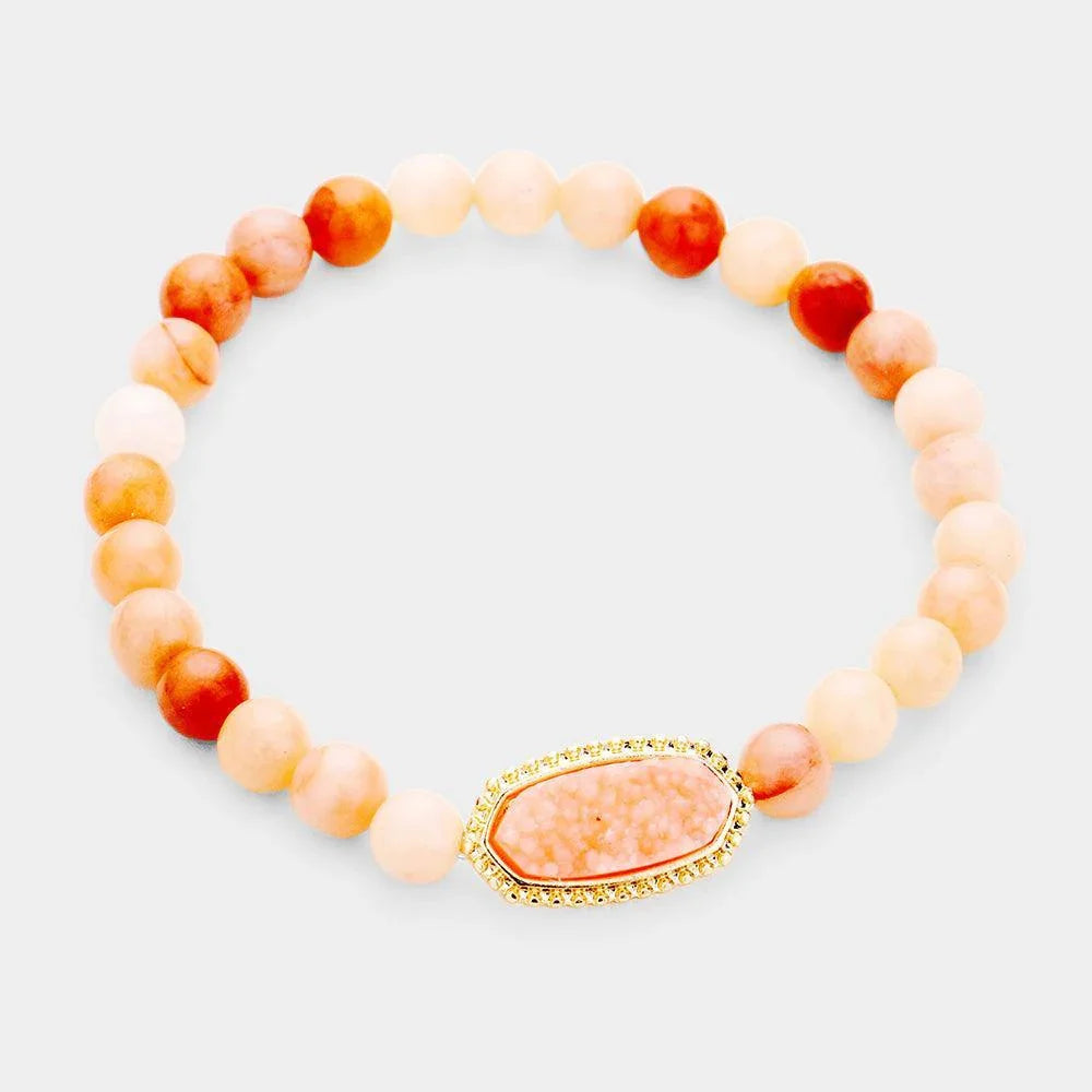 Peach Marble Stone Bead Druzy Stretch Bracelet - Jewelry Store by Erik Rayo