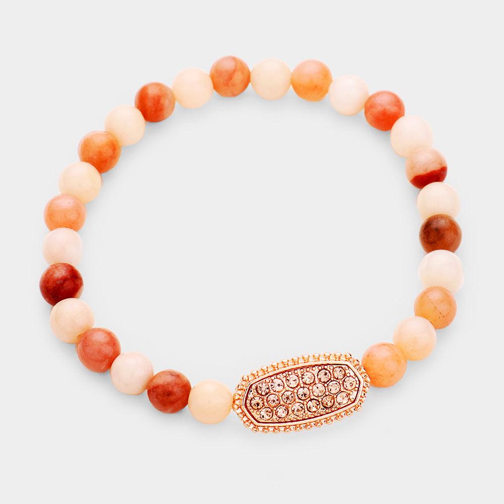 Rose Gold Semi Precious Bead Rhinestone Stretch Bracelet