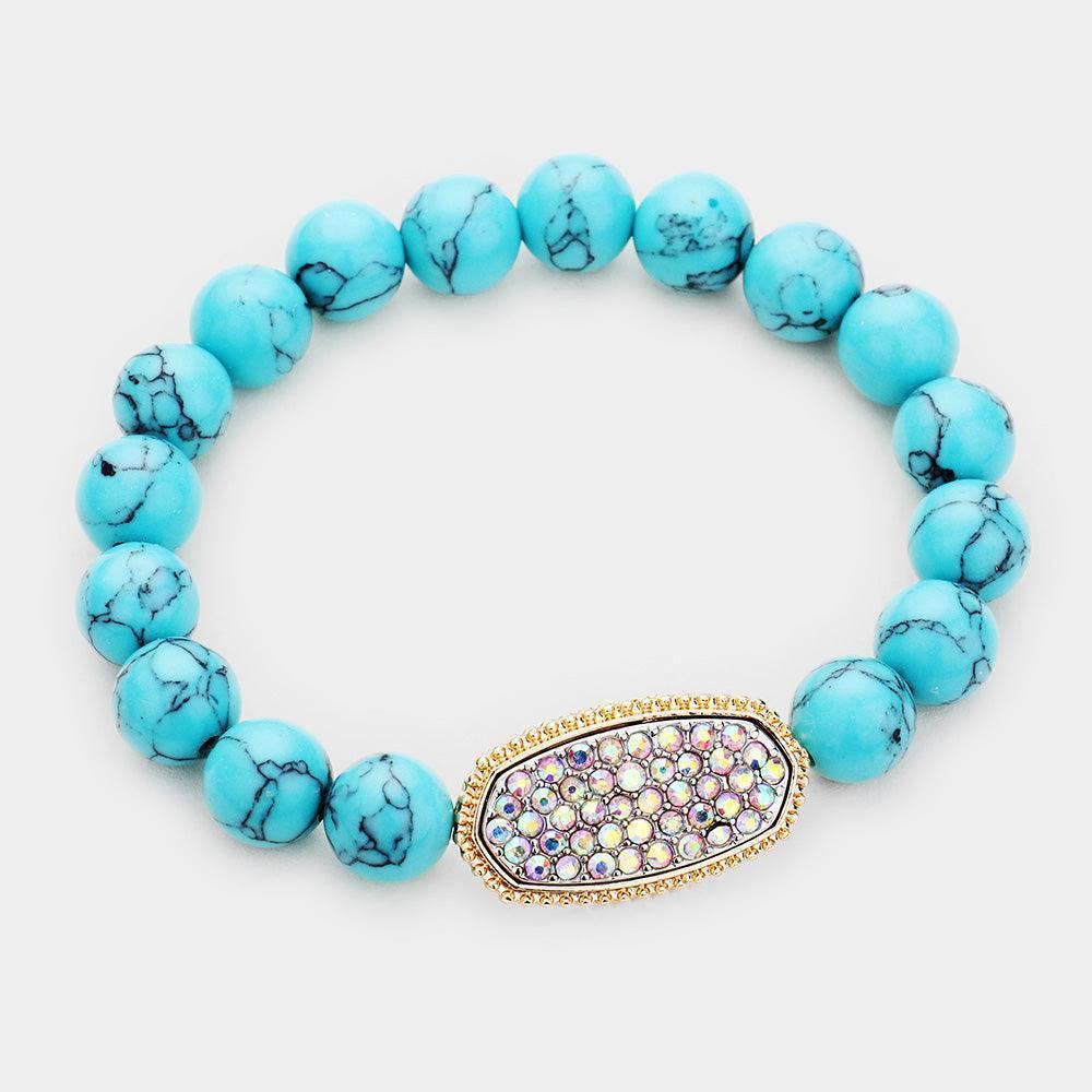 Turquoise Marble Stone Bead Rhinestone Stretch Bracelet - Jewelry Store by Erik Rayo