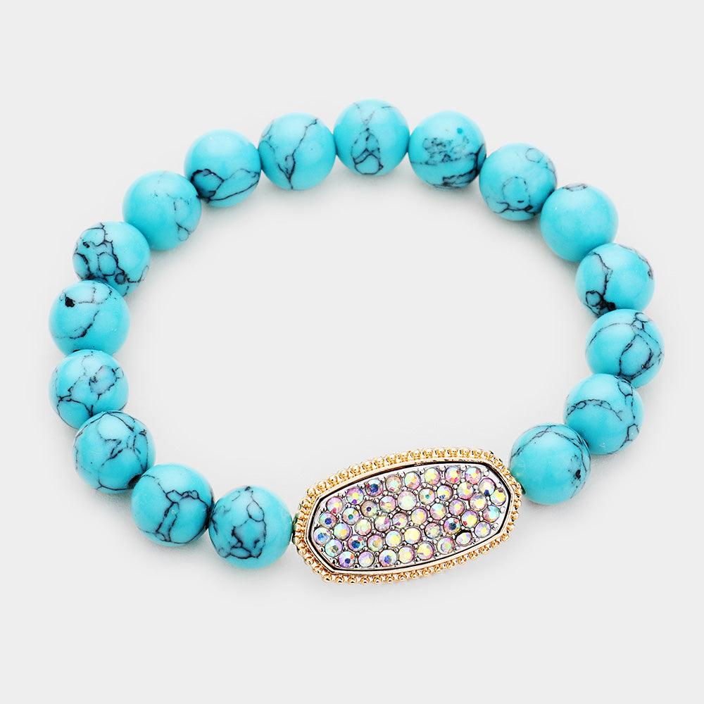 Turquoise Marble Stone Bead Rhinestone Stretch Bracelet