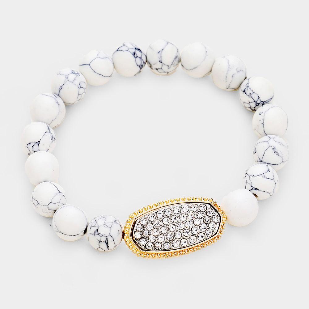 White Marble Stone Bead Rhinestone Stretch Bracelet