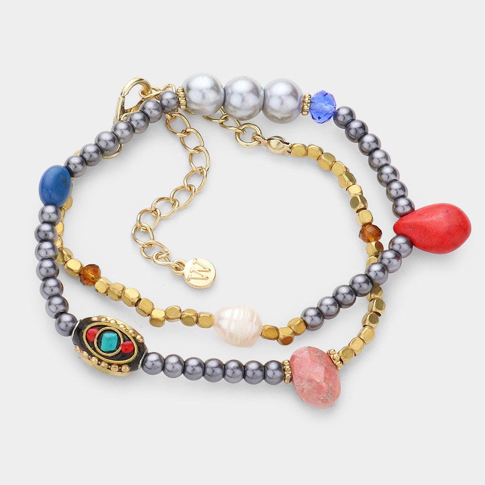 Blue Bohemian Bead Pearl Stretchable Bracelet Necklace