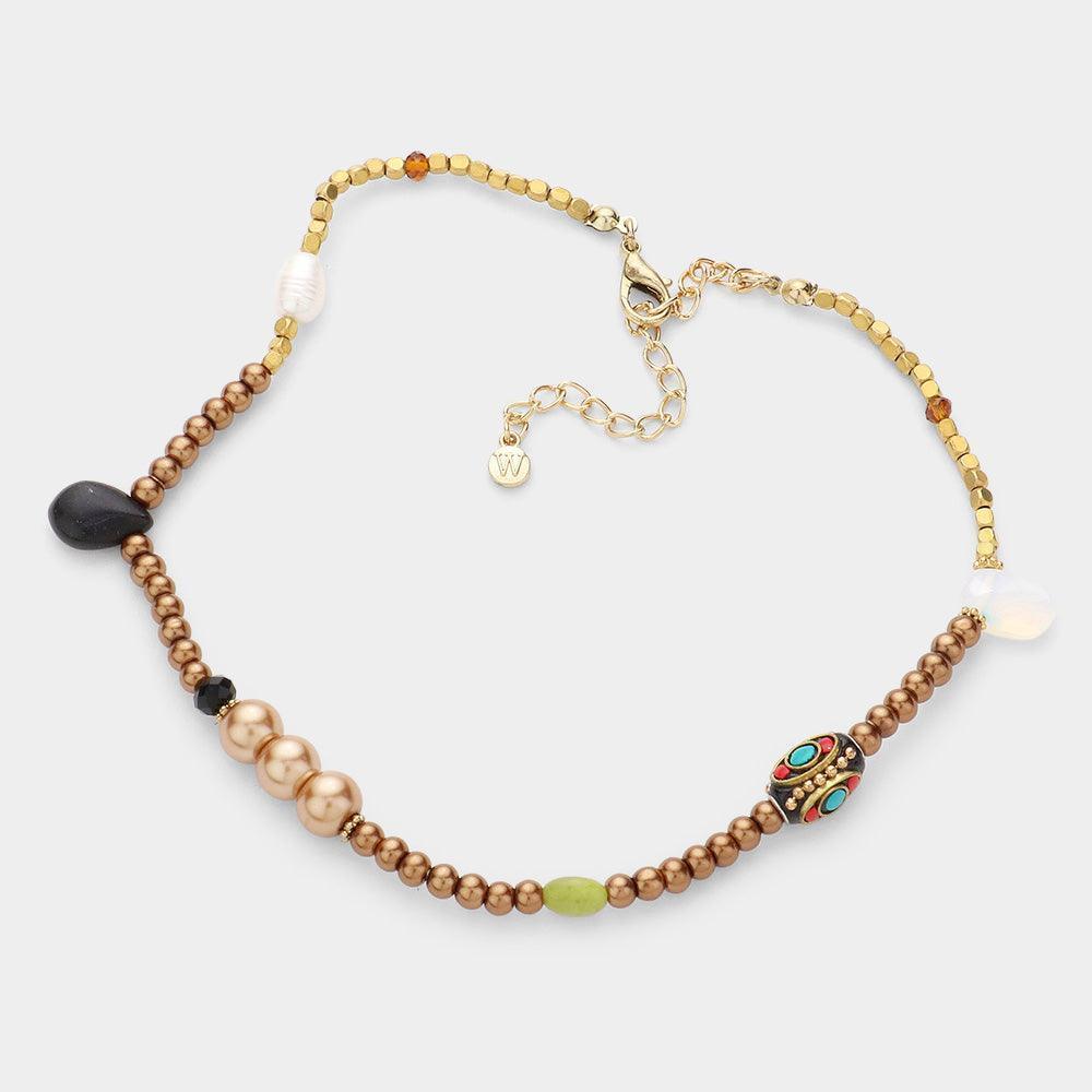 Brown Bohemian Bead Pearl Stretchable Bracelet Necklace - Jewelry Store by Erik Rayo
