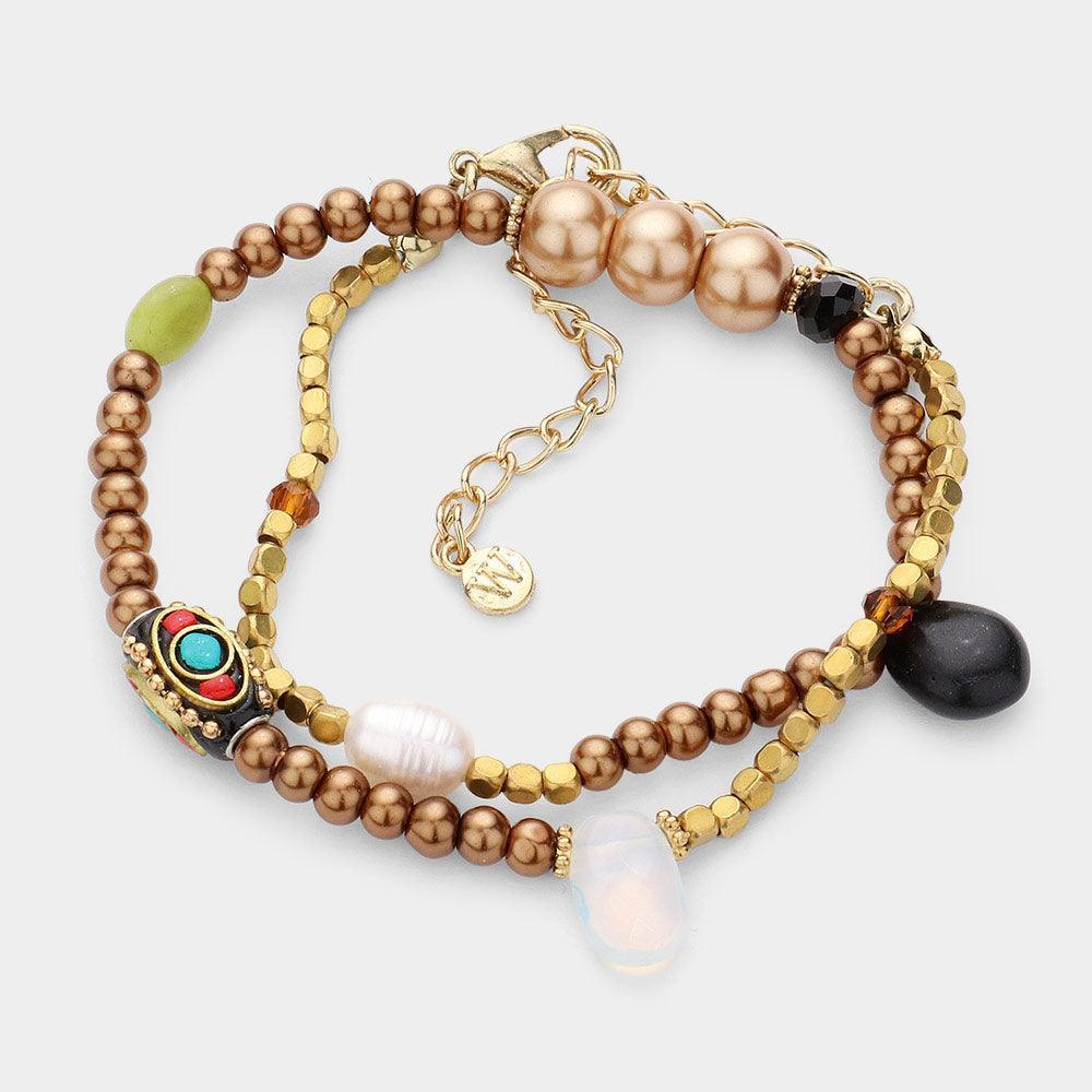 Brown Bohemian Bead Pearl Stretchable Bracelet Necklace - Jewelry Store by Erik Rayo