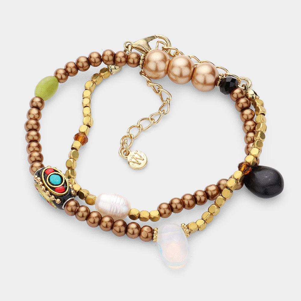 Brown Bohemian Bead Pearl Stretchable Bracelet Necklace