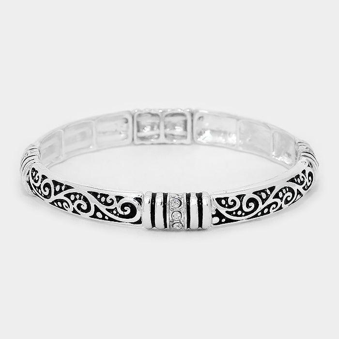 Silver Metal filigree stretch bracelet with crystals