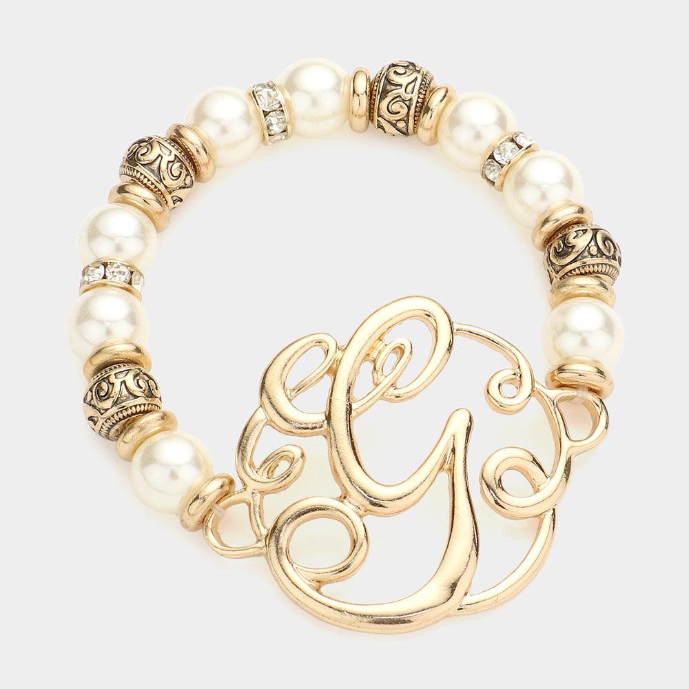 Letter G Monogram Charm Pearl Filigree Stretch Bracelet