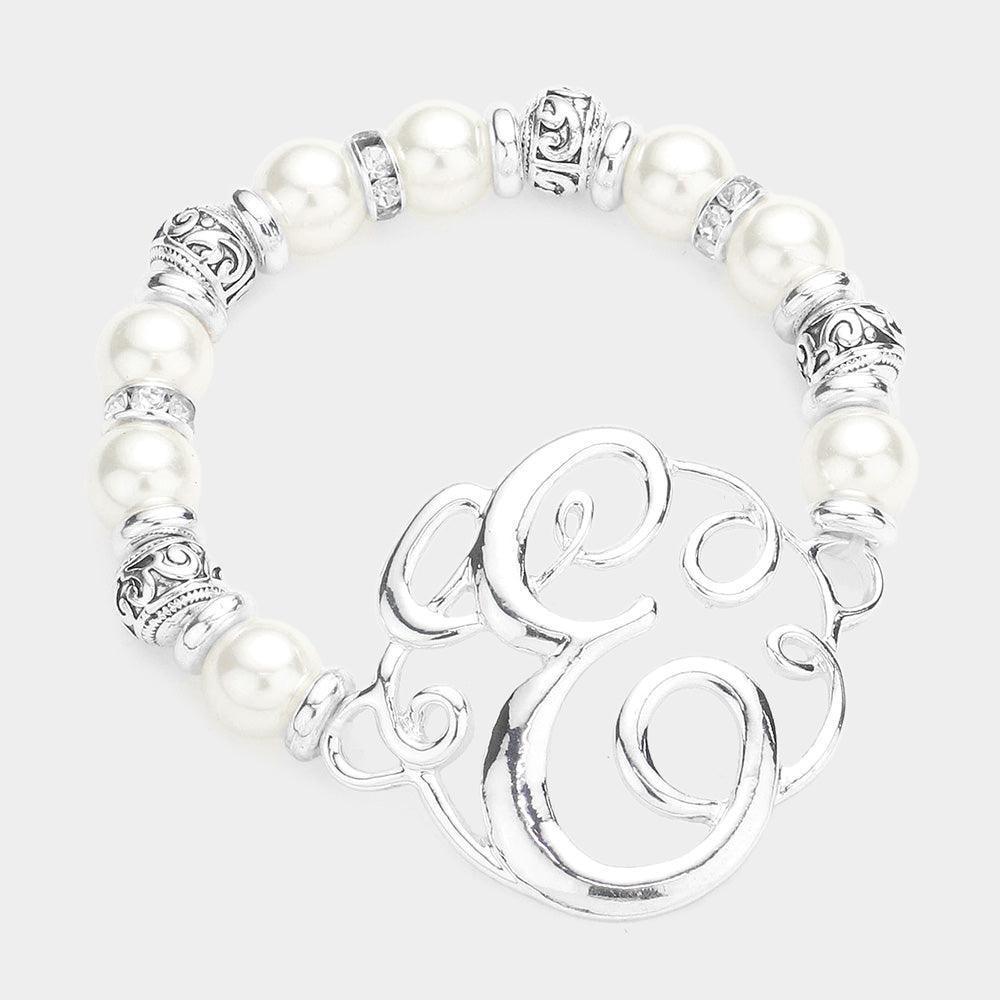 Letter E Monogram Charm Pearl Filigree Stretch Bracelet - Jewelry Store by Erik Rayo