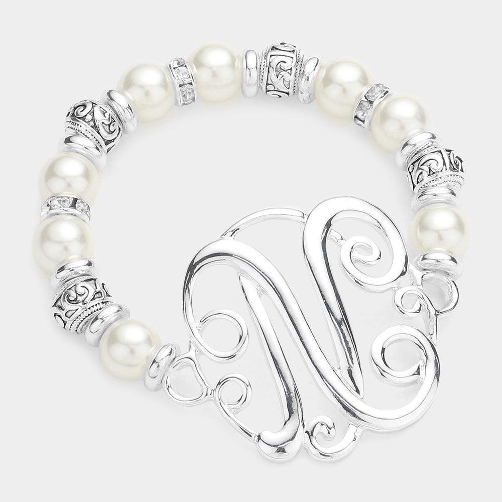 Letter N Monogram Charm Pearl Filigree Stretch Bracelet - Jewelry Store by Erik Rayo