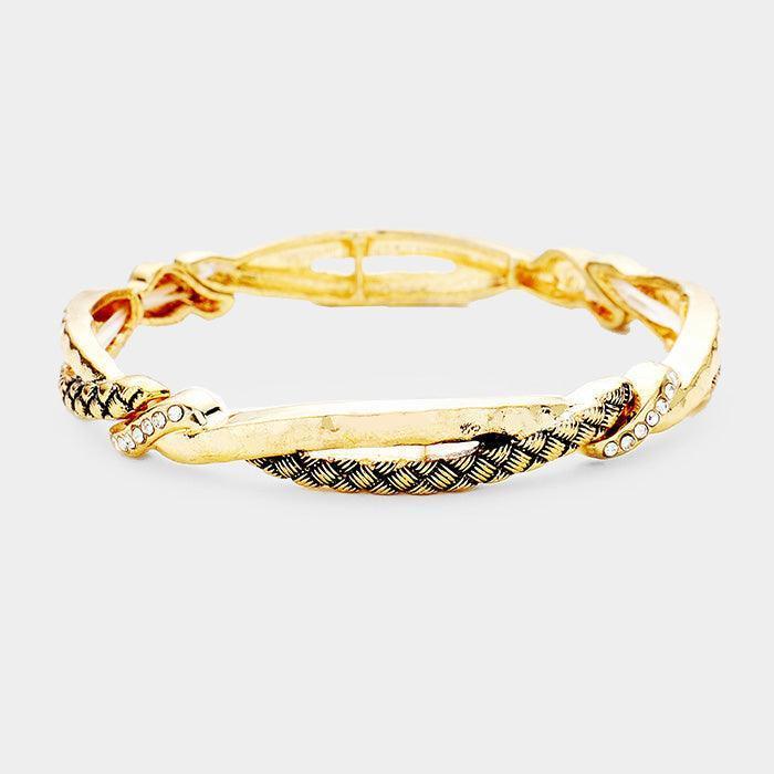 Gold Crystal Embellished Twisted Metal Stretch Bracelet - Jewelry Store by Erik Rayo