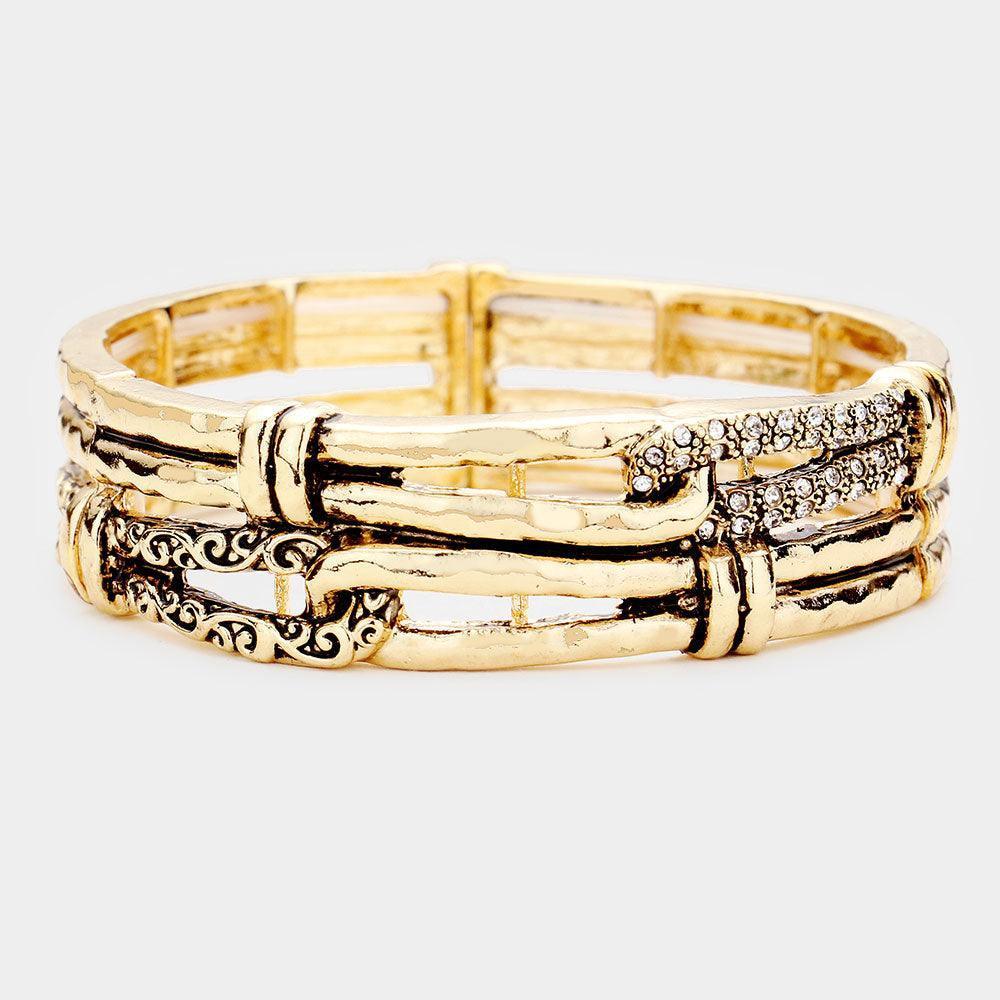 Gold Rhinestone Embellished Antique Metal Rope Stretch Bracelet - Jewelry Store by Erik Rayo
