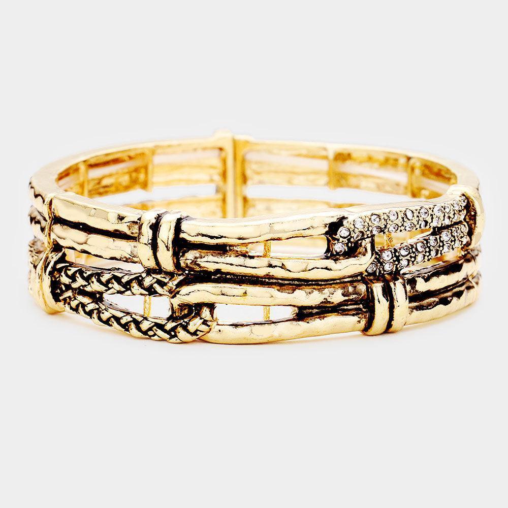 Gold Rhinestone Embellished Antique Metal Rope Stretch Bracelet - Jewelry Store by Erik Rayo