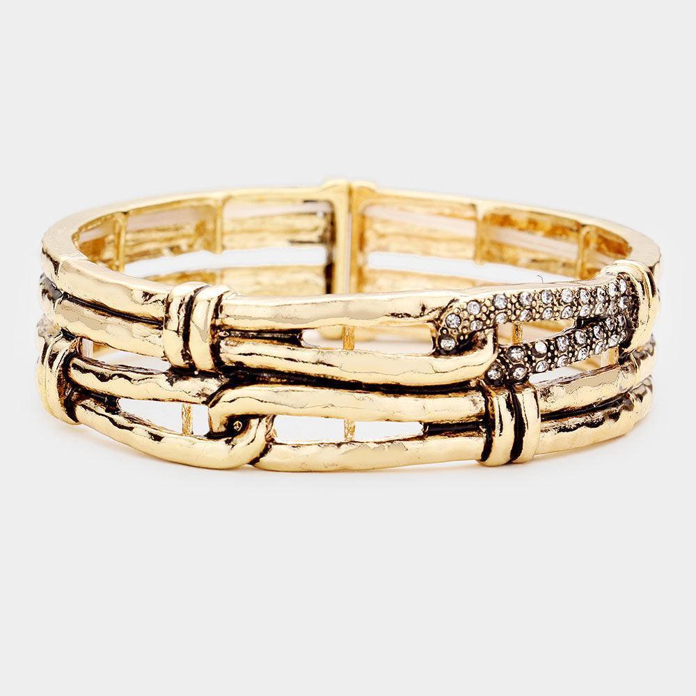Gold Rhinestone Embellished Antique Metal Rope Stretch Bracelet - Jewelry Store by Erik Rayo