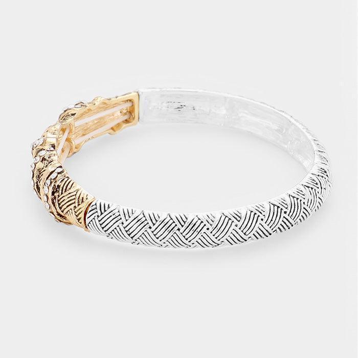 Clear Crystal Embellished Embossed Metal Stretch Bracelet - Jewelry Store by Erik Rayo
