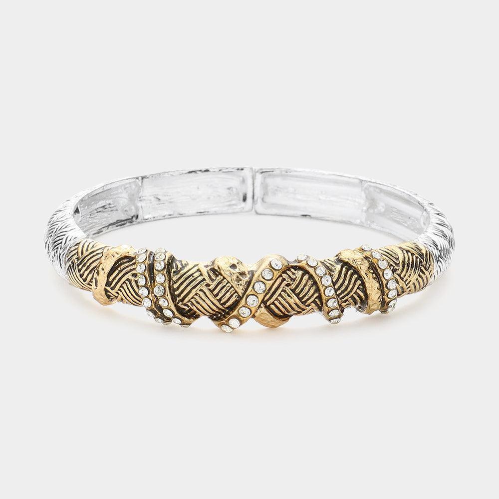 Clear Crystal Embellished Embossed Metal Stretch Bracelet - Jewelry Store by Erik Rayo