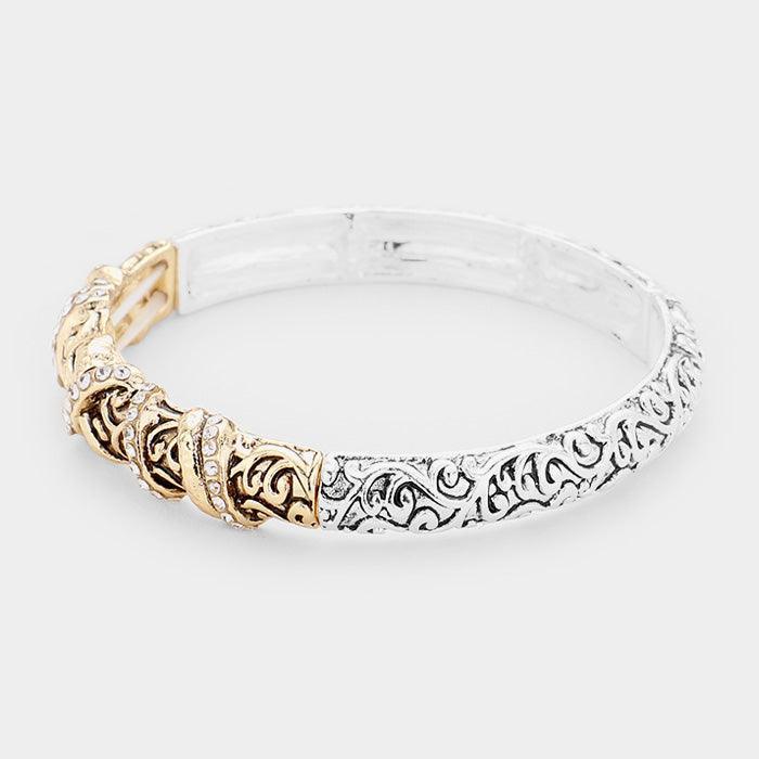 Clear Crystal Embellished Embossed Metal Stretch Bracelet - Jewelry Store by Erik Rayo