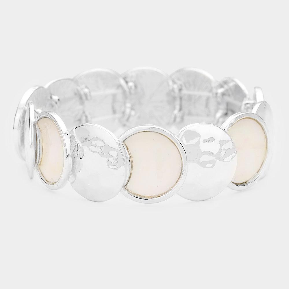 Silver Hammered Metal Mother of Pearl Stretch Bracelet