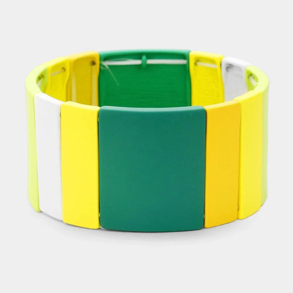 Green Color Block Metal Rectangle Stretch Bracelet - Jewelry Store by Erik Rayo