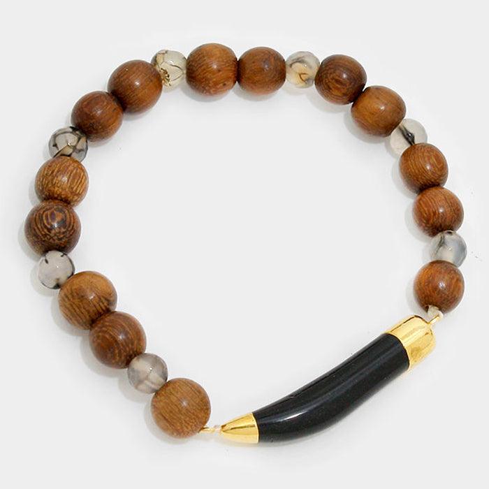 Gold Natural stone horn tusk & wood pearl strand stretch bracelet