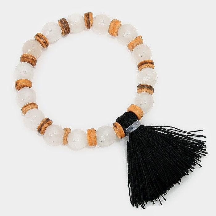 White Thread tassel charm beaded stretch bracelet - Jewelry Store by Erik Rayo