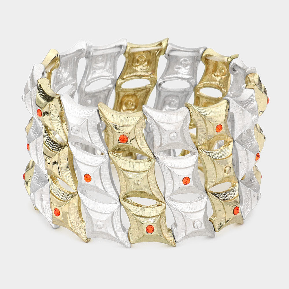 Orange Stone Accented Diamond Metal Stretch Bracelet