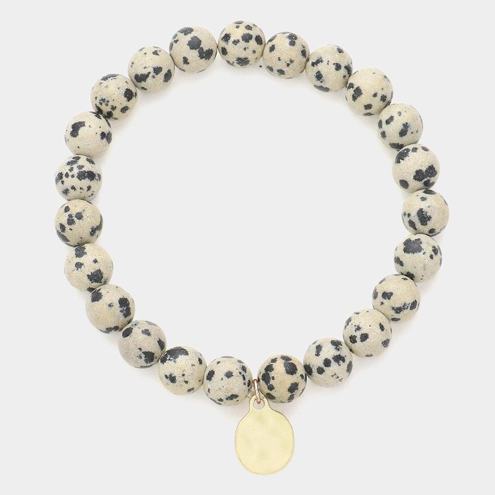 Black Natural Stone Hammered Metal Charm Stretch Bracelet - Jewelry Store by Erik Rayo