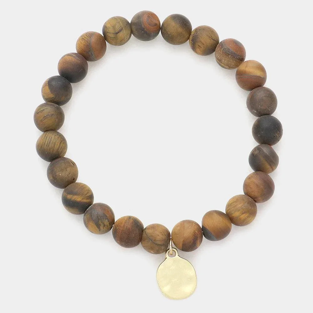 Brown Natural Stone Hammered Metal Charm Stretch Bracelet - Jewelry Store by Erik Rayo